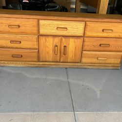 Solid Oak dresser With Mirror,  2 Matching Nightstands, And King Bed frame With Two Drawers
