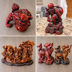 Vintage Asian Decor Figurine Lot - Faux Cinnabar & Wood Carving Statues