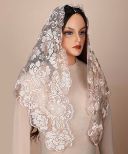 Triangular Spanish Catholic Veil: Peony-Embroidered Lace Veil for Mass