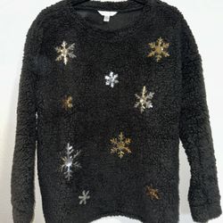 Time And Tru Fleece Christmas Gold And Silver Sequin Snowflake Women's Medium 