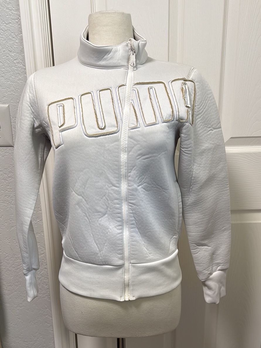 PUMA Water Repellent White and Gold Logo Jacket