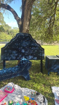upholstered headboard, 2 nightstands, and footstool.
