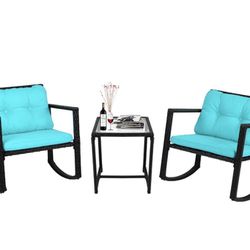 3 Pieces Patio Furniture Set, Patio Bistro Set Rocking Wicker Bistro Sets Cushioned PE Rattan Chairs Conversation Sets with Coffee Table Front Porch