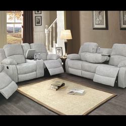 Gray Chenille Microfiber Fully Reclining Couch And Love Seat 