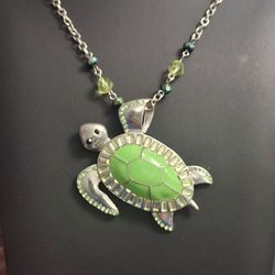 Large Lime Green Sea Turtle Statement Necklace - Long 34" Chain W/Extra 3.5" Excellent Condition