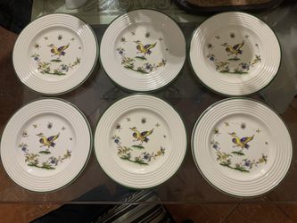 Varages France 6x salad Dinner Plates Dancing Rooster Bird Butterfly Ribbed Edge