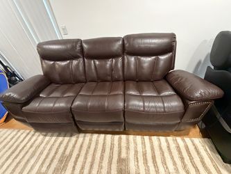 Brown Leather Reclining Sofa with Nailhead Trim