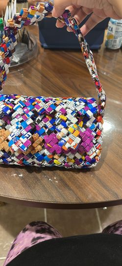Multicolor Woven Satchel Top Handle Handbag w/ Strap, Rectangle Shape