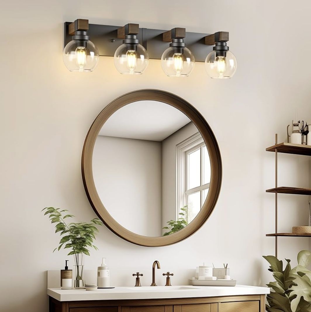 Farmhouse Bathroom Vanity Light Fixtures, 4-Light Wood Bathroom Light Fixtures Over Mirror, Rustic Sconces Wall Lighting with Glass Shade for Living R