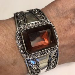 Honey Topaz Stamped 925 Sterling Silver Cuff Bracelet 