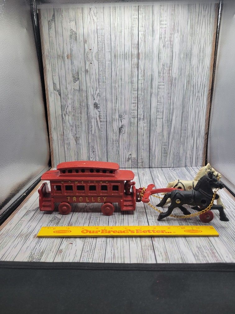 Vintage Cast Iron Doorstop Red Horsedrawn " Hometown Trolley "