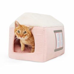 EveryYay Pink House Convertible Hooded Cat Bed, 16" L X 14" W X 14" H