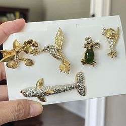 Vintage Brooch Lot 5 of Rhinestones Birds Dolphin, mouse