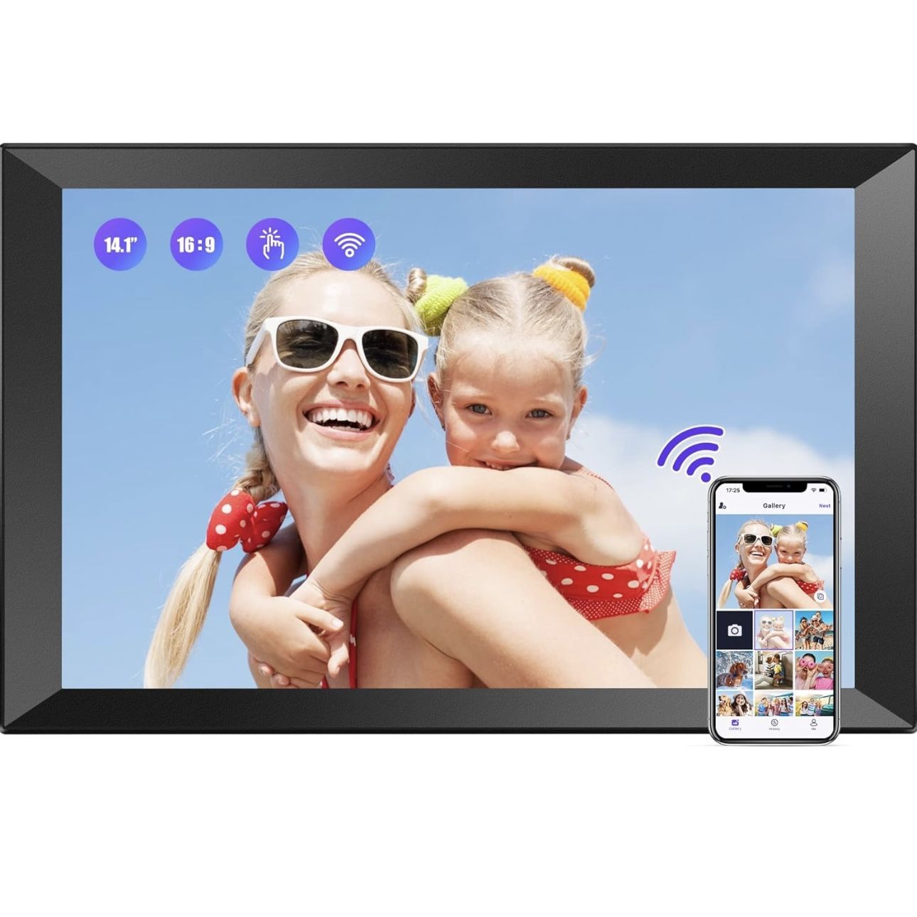 BIGASUO 14.1 Inch Large Digital Picture Frame 1280x800 HD Touch Screen, WiFi Electronic Photo Frames