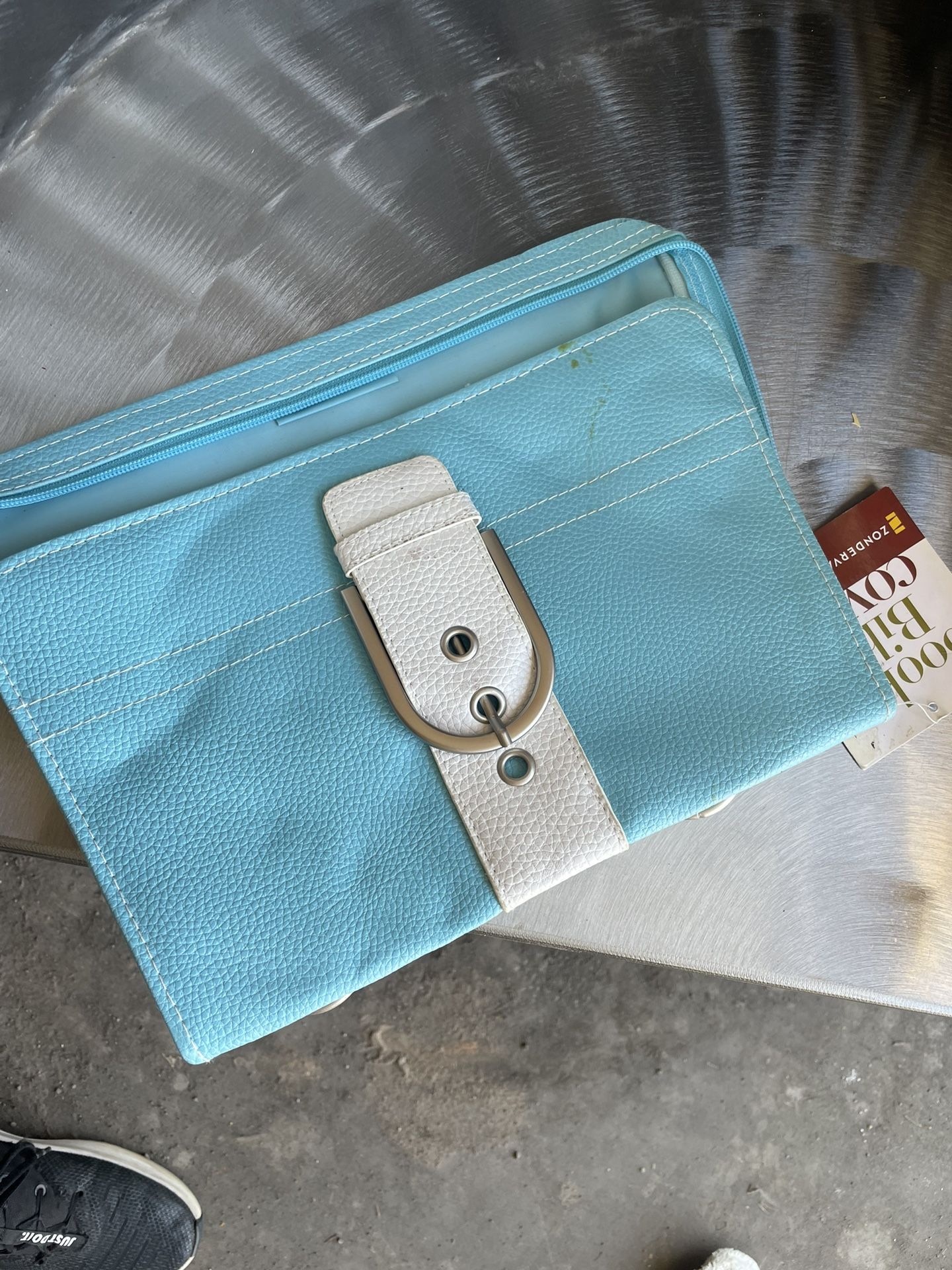 $5 book cover with zipper card holders, penholder turquoise blue white teal rather like