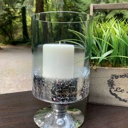 Candle, Candle Holder, Hurricane Round 5.25 Tall 9.25 has a blue tint