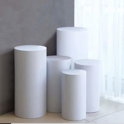 Set of 5 White Metal Cylinder Pillar Prop Stands For Wedding Aisle, Round Plinth Pedestal Display