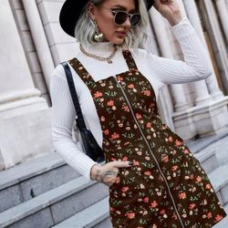 Floral Print Zip Up Corduroy Overall Brown Dress W/ Pockets
