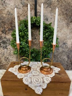 10” Tall - Pair of Vintage Coppercraft Guild Brass/Copper Dual- Candle Holders - Modern/Rustic/French Country/Cottage