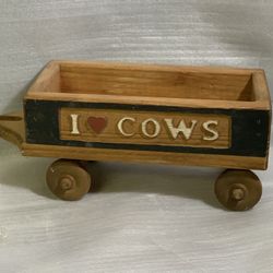 Vintage 1980s Handcrafted Wooden Wagon Doll Prop w/ Heart & Cow Design 15”Rustic