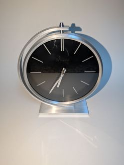 Vintage Citizen Desk Mantel Clock Black Dial Silver Metal For Parts