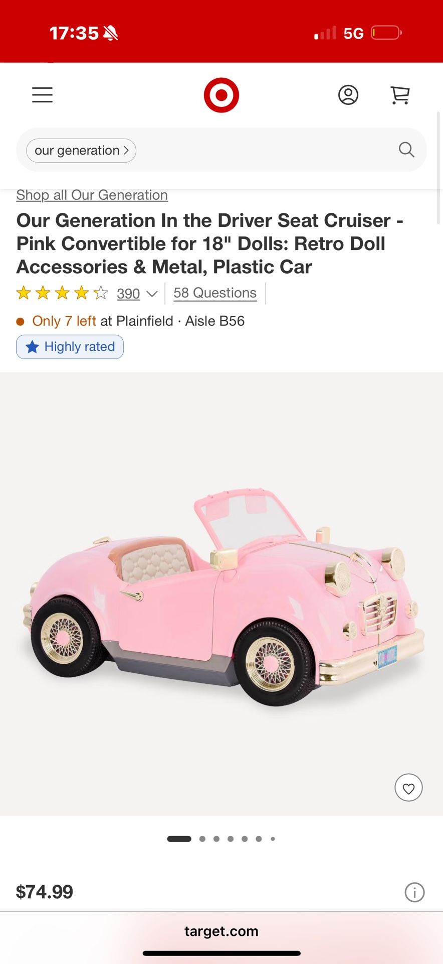 Our Generation In the Driver Seat Cruiser - Pink Convertible for 18" Dolls: Retro Doll Accessories & Metal, Plastic Car