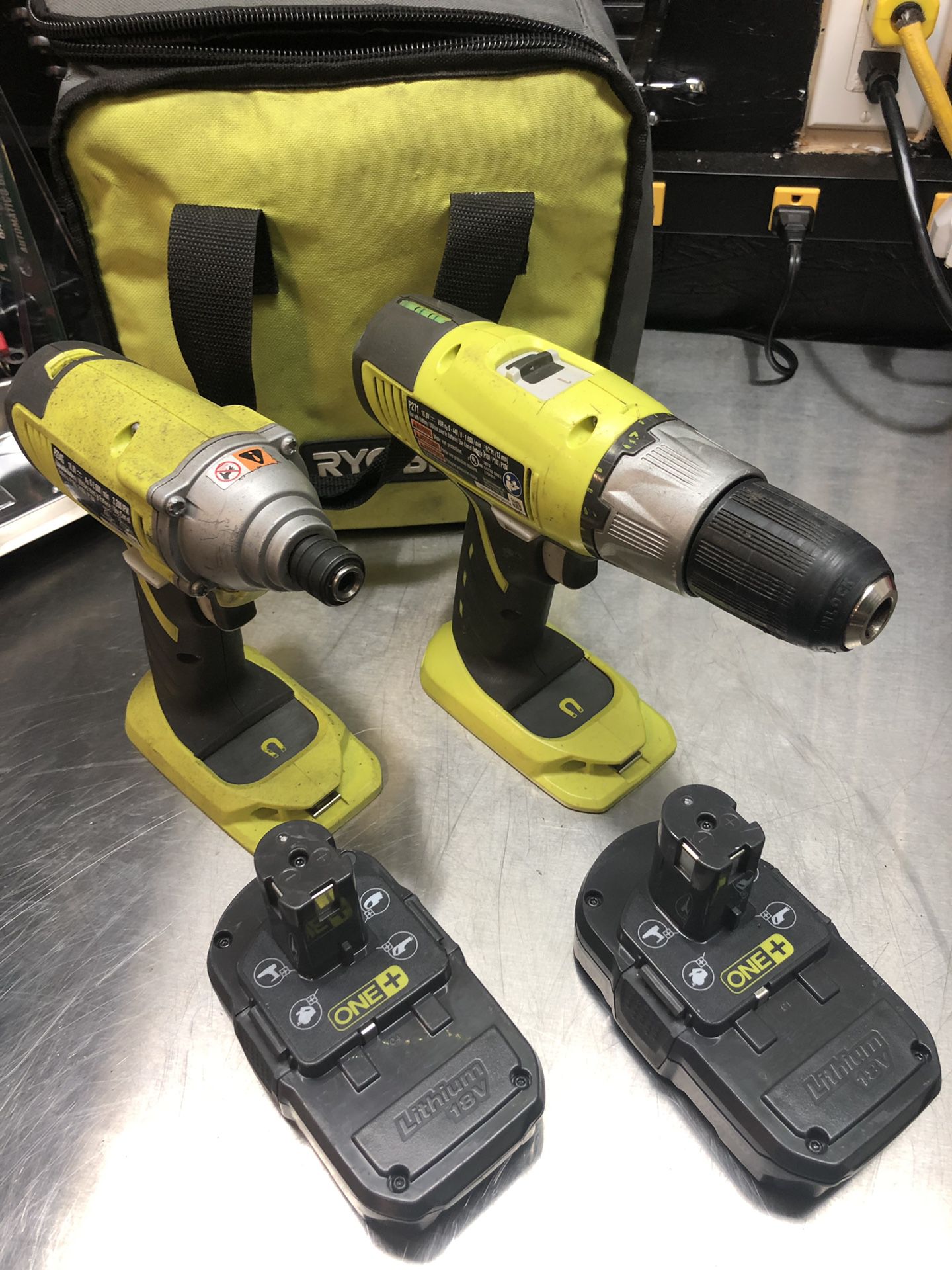 Ryobi One+ 1/2” drill and impact wrench with 2 batteries and charger