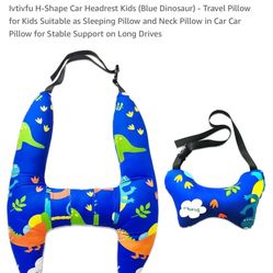  H-Shape Car Headrest Kids (Blue Dinosaur) - Travel Pillow for Kids Suitable as Sleeping Pillow and Neck Pillow in Car Car Pillow for Stable Support o