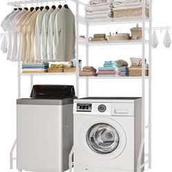 Over The Washer and Dryer Storage Shelf, 6 Tier Laundry Room Drying Rack with Hanger Rod and Hooks, Adjustable Over Washer and Dryer Shelves, Laundry 