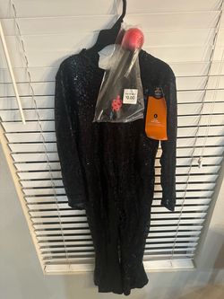 New Kids Size 10-12 Glam Pop Star Halloween Costume. Includes Black Sequin Jumpsuit, belt & microphone