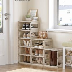 Shoe Rack, Shoe Storage, 10 Compartments, Shoe Organiser, Narrow Shoe Shelf, Open Shelf for Hallway, Living Room, Bathroom, Space-Saving, Cappuccino B