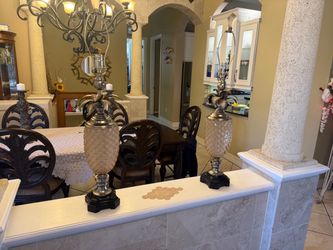 Pair of Uttermost Frosted crystal Pineapple Table Lamps, Hollywood Regency