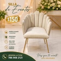 FOR SALE/RENT ✨ Silla de Eventos de Lujo ✨
💎 Elegante diseño tipo concha en terciopelo color crema
💎 Patas metálicas doradas de alta calidad
💎 