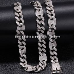 2Pc Fully Iced 14K White Gold Plated CZ Coffee Bean Cuban Link Men Women  Necklace+Bracelet Set