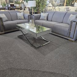 Brand New Gray Linen Modern Sofa + Loveseat With Gold Trimming