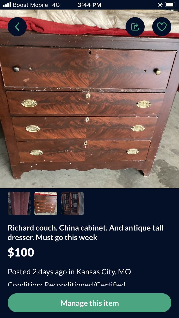 Laptop couch stereo receiver. China cabinet. Barstools. Must go this week