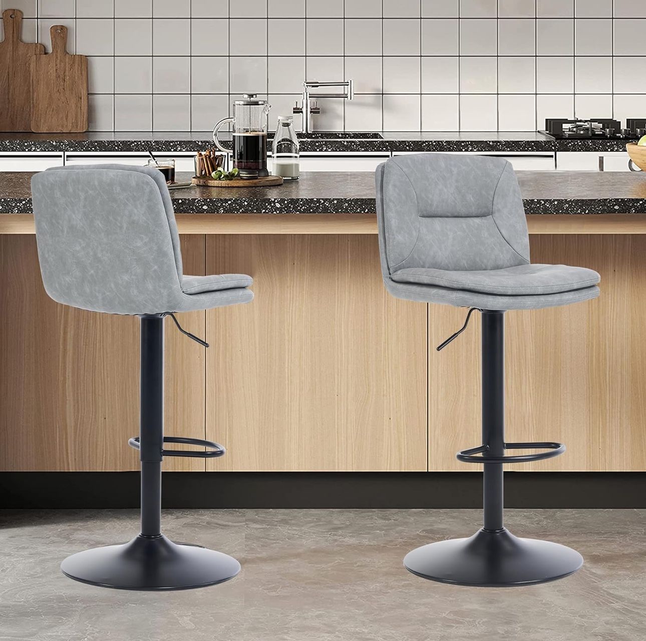 Swivel Bar Stools Set of 2, Adjustable Small Bar Stool with Double-Layer Upholstered Seat, Armless Leather Bar Stools with Back (Gray