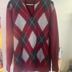 Man’s international concepts mock neck pullover argyle diamond print solid red on back and sleeves w/black leather shoulders