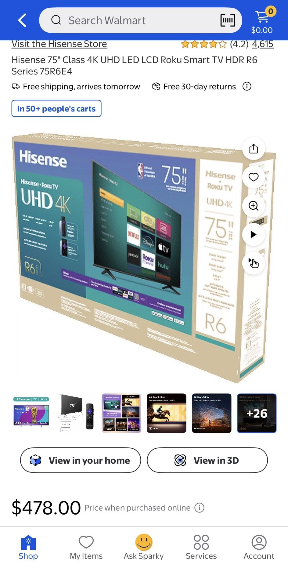 Hisense 75" Class 4K UHD LED LCD Roku Smart TV HDR R6 Series