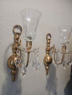 Vintage Brass Crystal Wall Sconces Set of 2
