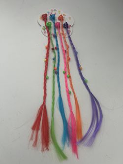 set of colorful, braided hair extensions with attached beads.