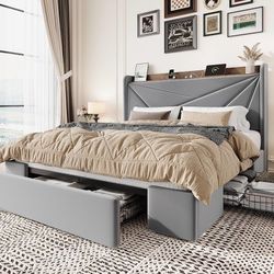 Queen Bed Frame with 3 Drawers, USB & Type-C Charging Ports, Velvet Upholstered Platform Bed with Modern Geometric Wingback Storage Headboard, No Box 