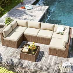 LazySunsets 7 Piece Outdoor Patio Furniture Set with Coffee Table, Outdoor Patio Furniture Sets with Thicken Cushion, Wicker Rattan Outdoor Conversati
