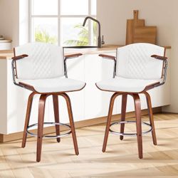 Swivel Counter Height Bar Stools Set of 2, Modern PU Leather Upholstered Barstools with Back, 26" Se