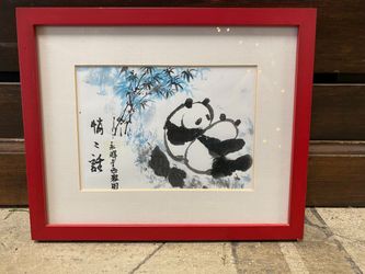 Chinese Watercolor Panda Print in Red Frame