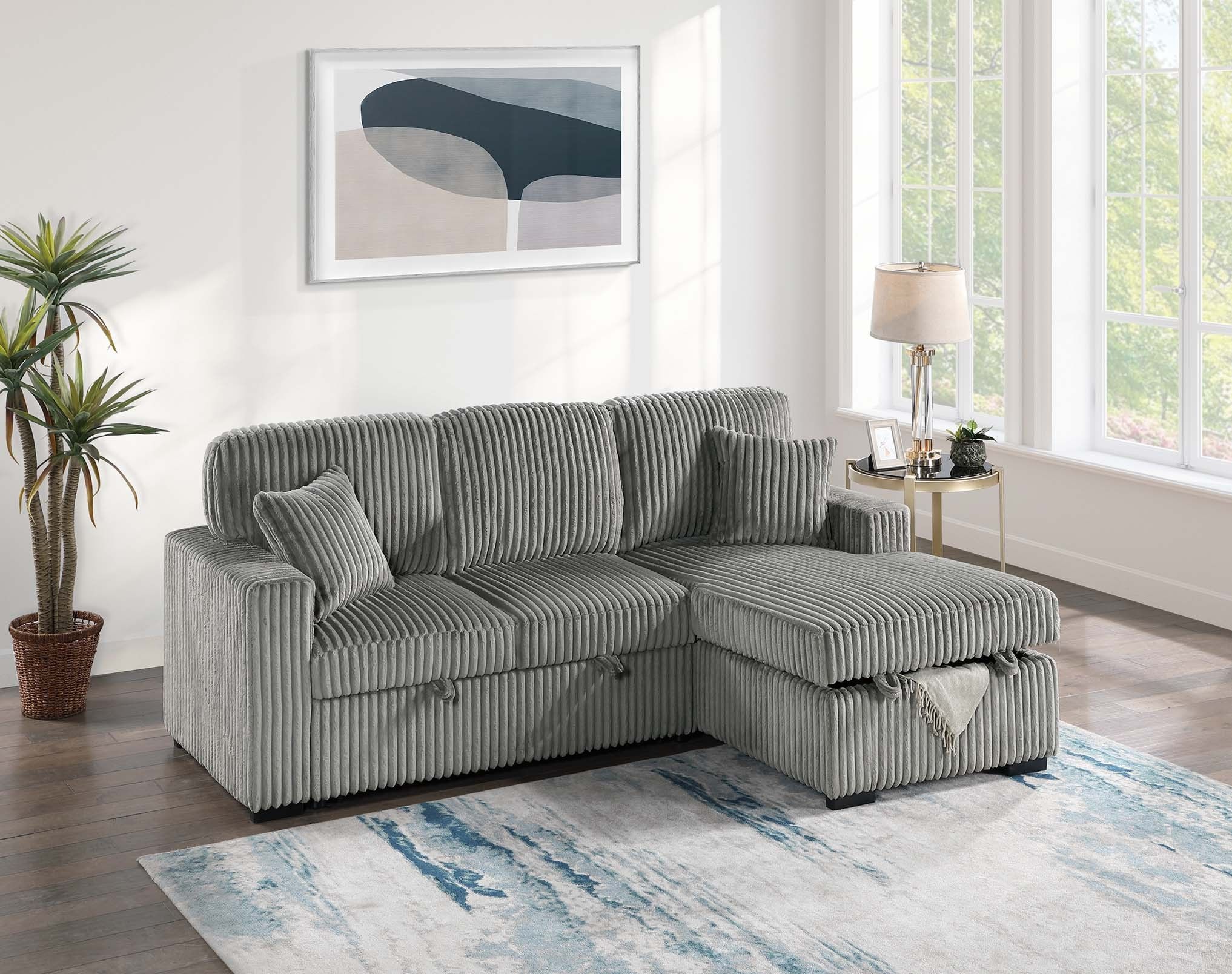 COMFORTABLE GREY CORDUROY CONVERTIBLE SECTIONAL