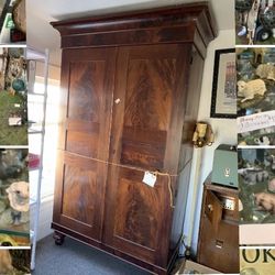 Antique 1830s American Empire Flame Mahogany DoubleDoor Armoire  With Shelves