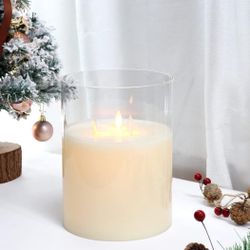JHY DESIGN 3-Wick Glass Flameless Candles 8''High Battery Operated Dancing Flame Flickering LED Pillar Candles with 6-Hour Timer Feature Real Wax Movi