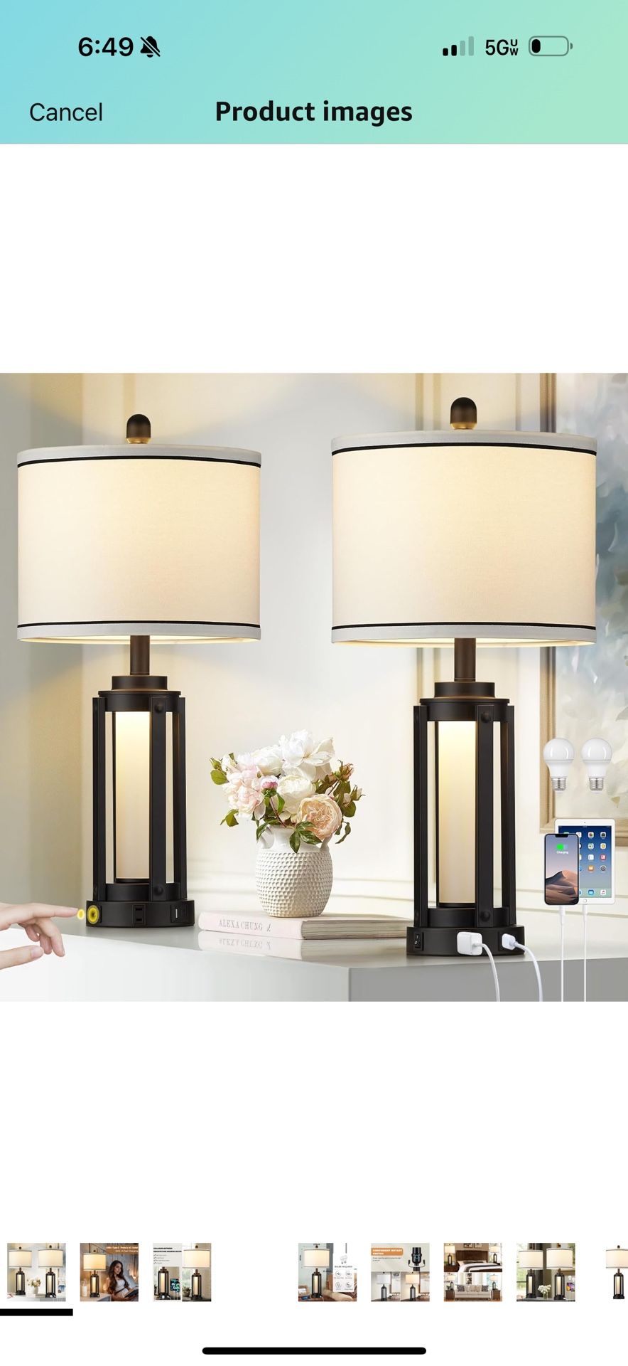 27\" Tall Vintage Table Lamp Set Of 2 With USB C A & Outlet,Black Industrial End Table Lamp For Living Room,Farmhouse Rustic Bedside Lamps With Frosted Glass Night Light For Bedroom Nightstand,Black