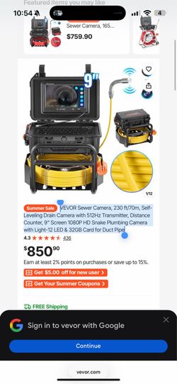 VEVOR Sewer Camera, 230 ft/70m, Self- Leveling Drain Camera with 512Hz Transmitter, Distance Counter, 9" Screen 1080P HD Snake Plumbing Camera with Li